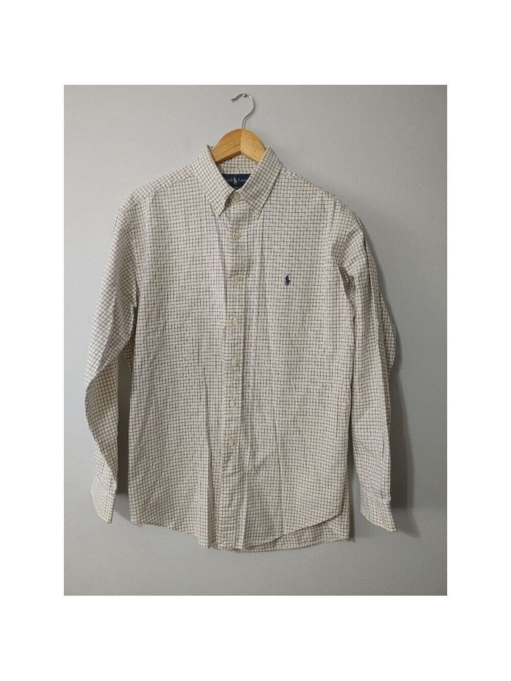 Men's Ralph Lauren Off White Blue/Black Plaid Classic Fit Button Down Shirt 16 L